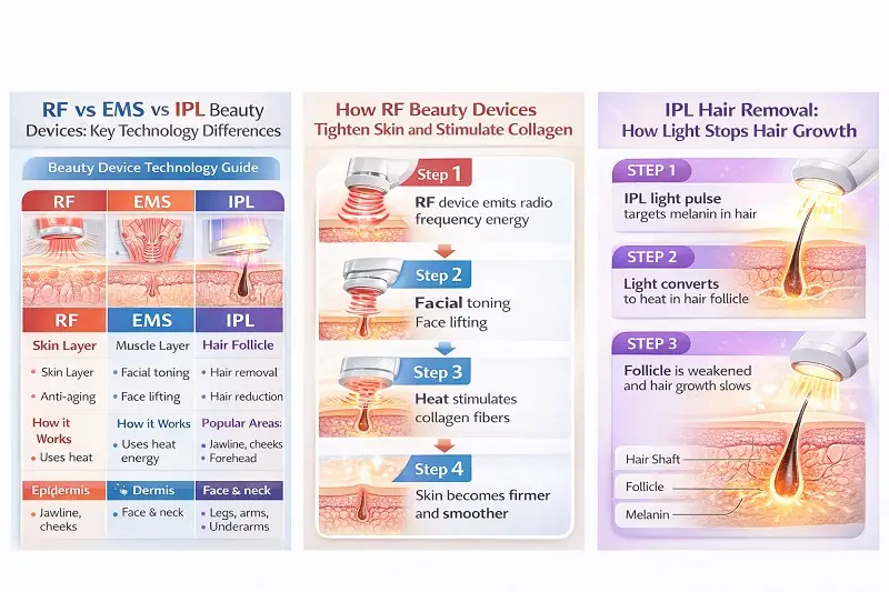 RF、EMS、IPLといった美容機器は、機能や効果においてどのような違いがあるのでしょうか？